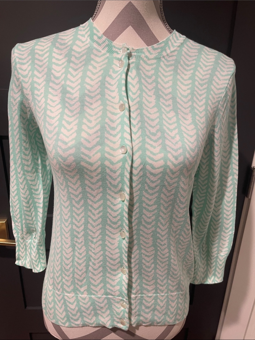 J.Crew Clare Cotton Mint Chevron Button Front Cardigan Size S